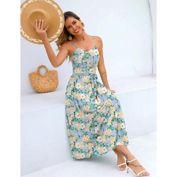 Women's Light Blue Floral Adjustable Spaghetti Strap Floral Beach Long Maxi - Picture 4 of 6